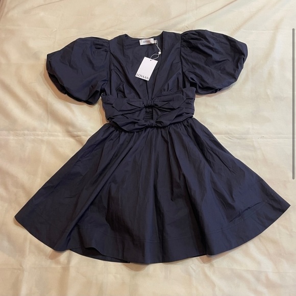 NEW! Lovaan- Devon Deep V Bow Puff Sleeve Black Poplin Mini Dress Size AU 8 US 4 - Picture 2 of 3